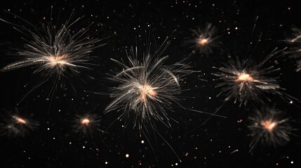 Obraz premium Realistic vector illustrations of festive fireworks exploding in a night sky. Awesome explosions for holiday events, represented as 3D elements on a transparent background. 
