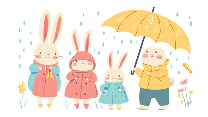 Fototapeta premium Cute Bunny Family Enjoys a Rainy Day With Colorful Umbrellas and Joyful Expressions