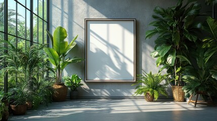 Blank canvas mockup in a sunlit, plant-filled room.