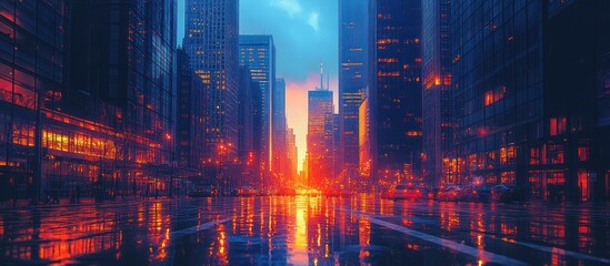 Fototapeta premium City street at sunset, reflecting in wet pavement.