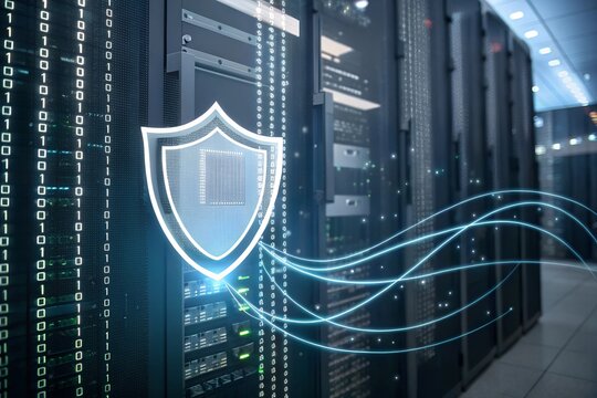 Shield icon with flowing binary code in a server room demonstrates cybersecurity focus