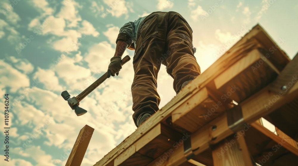 Poster a construction worker standing atop a scaffolding platform hammer in hand skillfully nailing wooden 