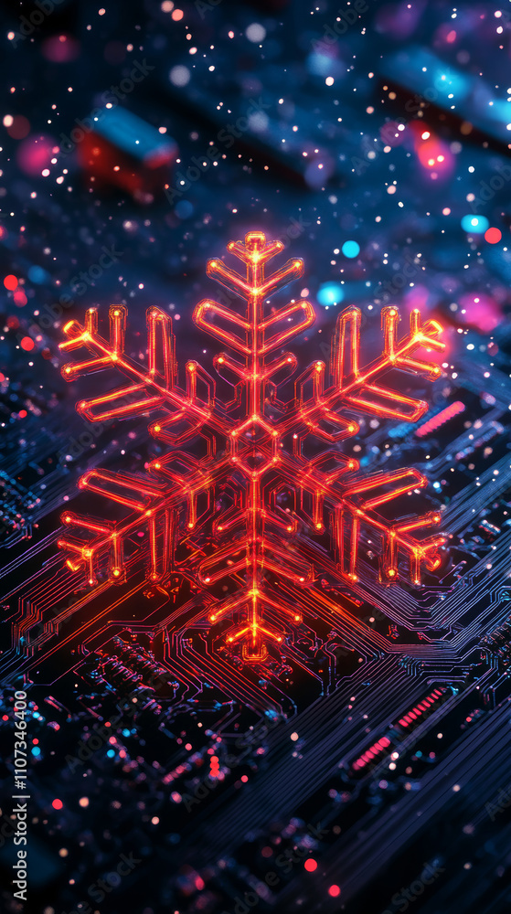 Poster a futuristic snowflake on a printed circuit board, illuminated with neon colors.