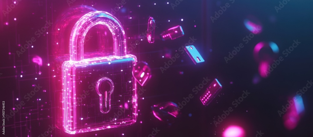 Poster futuristic glowing padlock with digital keys orbiting it.