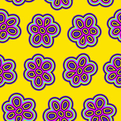 A seamless pattern with groovy hippie flower elements and geometric shapes in bright colors on a yellow background. Great for backgrounds, wrapping paper, and fabric.