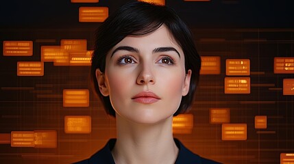 Corporate sustainability reporting. A woman gazes thoughtfully amidst vibrant digital elements.