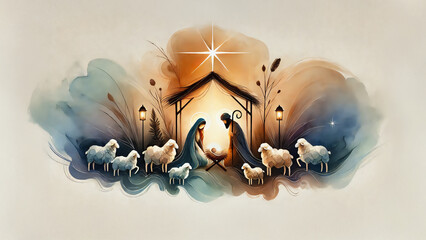 Nativity scene in Bethlehem. Christmas scene. Watercolor painting. Illustration showing Holy Family baby Jesus in the manger Mary and Joseph.  Banner Copy space