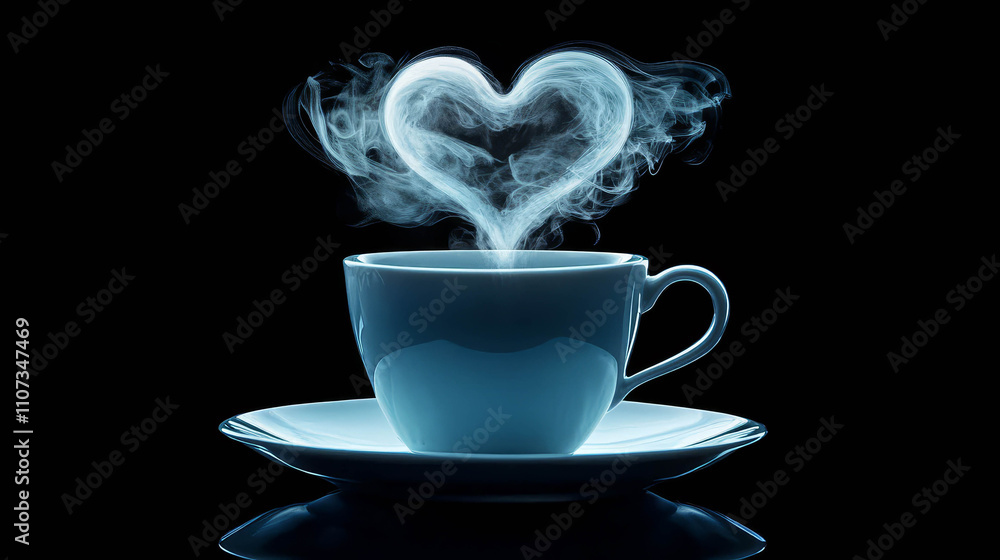 Poster a cup and saucer from which steam rises in the shape of a heart on a dark background. romantic and c