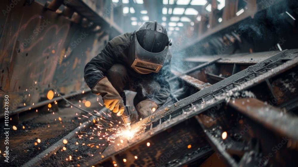 Poster a worker uses a welding torch to join two metal pieces together which will eventually form part of t