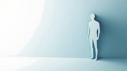 Obraz premium Paper cut out of person standing on light blue background. Papercut human man evolution illustration concept. 3d poster with origami male and female figure silhouette illustration