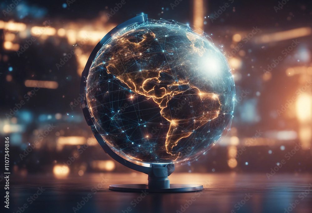 Poster digital world connectivity futuristic globe with global network connections and technology elements