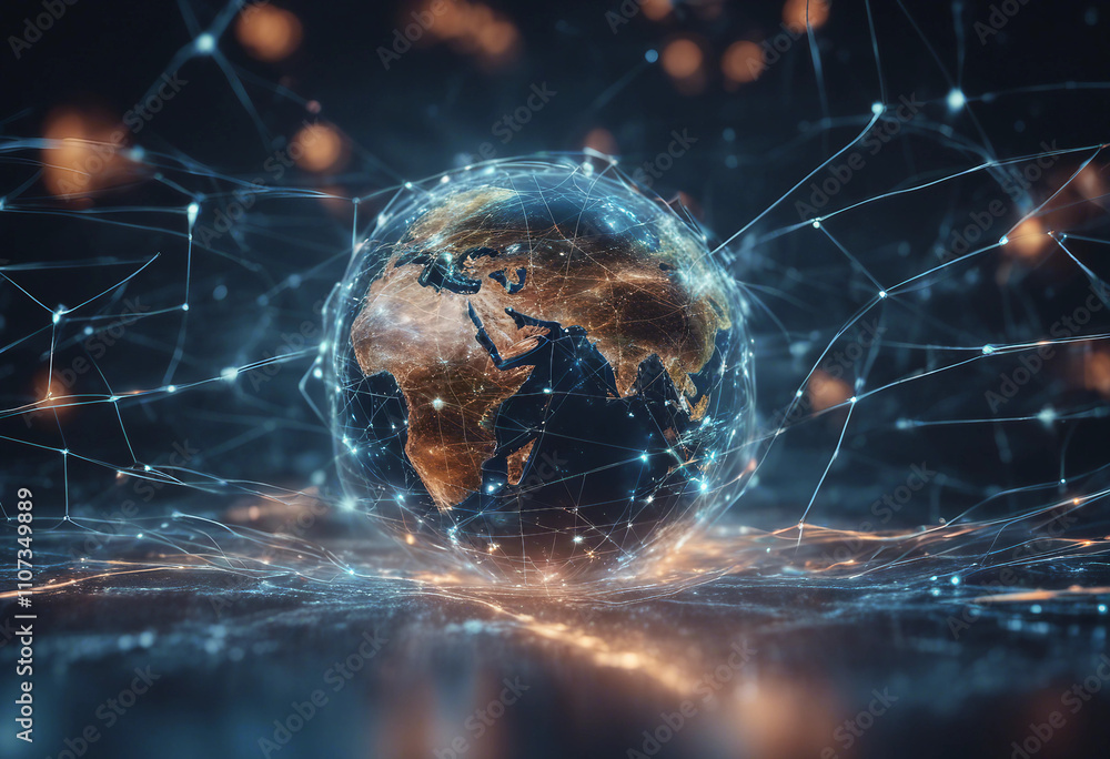 Poster digital world connectivity futuristic globe with global network connections and technology elements