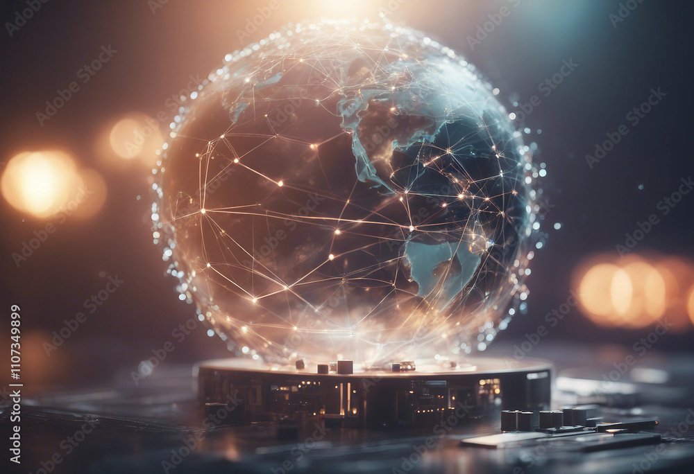 Poster digital world connectivity futuristic globe with global network connections and technology elements