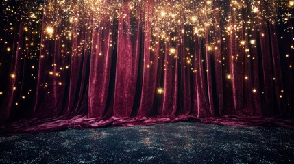 Dramatic maroon velvet curtains with golden glitter and lights.