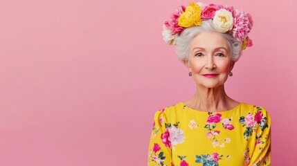 Fototapeta premium A poised older woman with silver hair, floral yellow dress, and flower headpiece smiles confidently against a soft pink background. Concept: feminine grace.