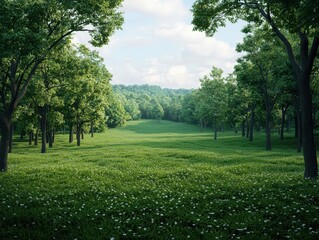 Fototapeta premium Lush Green Landscape with Trees under a Bright Blue Sky in Nature
