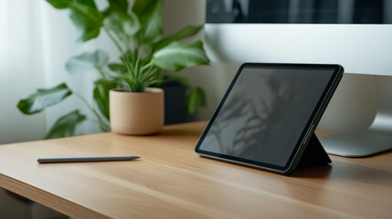 Tablet on desk with plant focuses on productivity and calm.