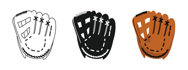 set of baseball glove designs, detailed and simple designs. available outline, black and color, editable vector eps 10.