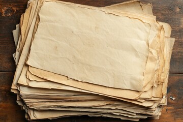 A stack of aged parchment paper placed on a wooden desk, evoking a vintage and historic feel with a focus on old documents and textures.