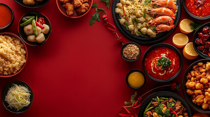 Set of a variety of traditional Chinese New Year food on the red table. Generative AI.
