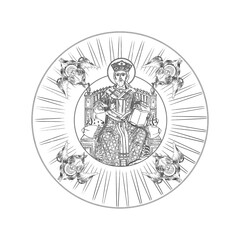 Naklejka premium Jesus Christ the greatest Bishop sitting on the throne. Greek medallion- coloring page in Byzantine style