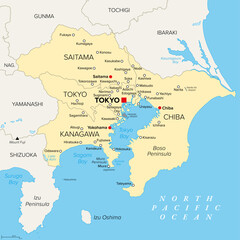 Obraz premium Tokyo Major Metropolitan Area, political map of the Capital Region of Japan, located on the island Honshu. The map shows Itto Sanken, consisting of the prefectures Tokyo, Chiba, Saitama and Kanagawa.