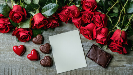 Valentine's day celebration home flat lay romantic setting heart-shaped chocolates and red roses