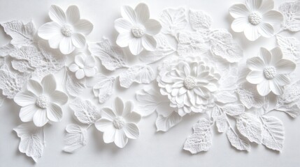 Fototapeta premium Elegant white floral design, intricate lace and sculpted flowers.
