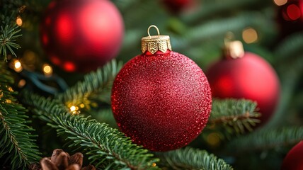 Fototapeta premium Closeup of red christmas ornaments on tree branches holiday decor nature festive environment detailed view celebration