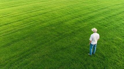 A farmer stands in the lane of his tractor and looks down over his large grain field. aerial view, horizontal banner with  copy  space