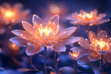 Glowing Floral Fantasy,  Digital Art of Illuminated Flowers in a Mystical Night Garden