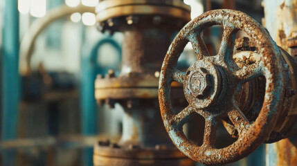 Fototapeta premium Close-up of a rusted valve, representing industrial machinery.