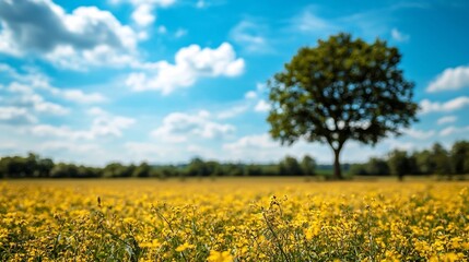 Soft Open Nature, Peaceful Countryside Landscape with Lone Tree Under Expansive Sky