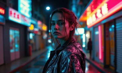 Young woman in neon-lit city street