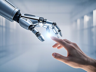 robot and human hands touching in virtual reality concept

