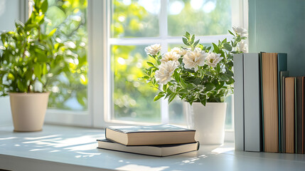 Bright white table with books and plants