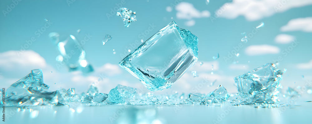 Poster shattering ice cube, abstract aqua background with frozen crystal fragments exploding in a vivid blu