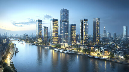 Fototapeta premium Evening Cityscape, Modern Skyscrapers Line River, Illuminated Buildings Reflect in Water, Tranquil Dusk