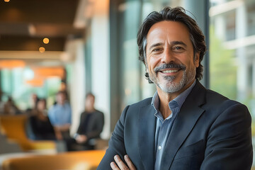 Fototapeta premium Smiling Middle-Aged Man in Suit, Confident Professional Portrait in Office Setting