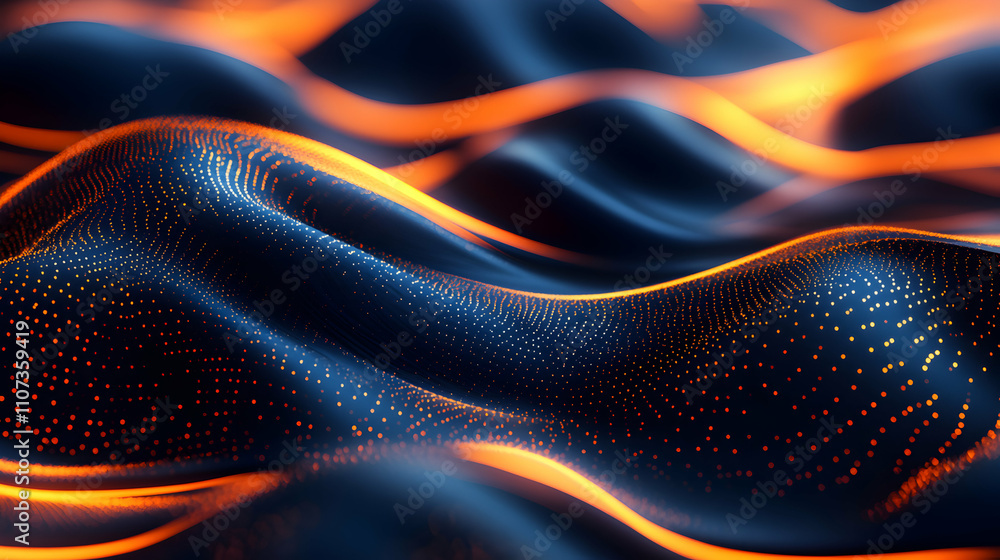 Poster abstract background, dynamic particle waves flowing with orange and blue hues, creating a vibrant di