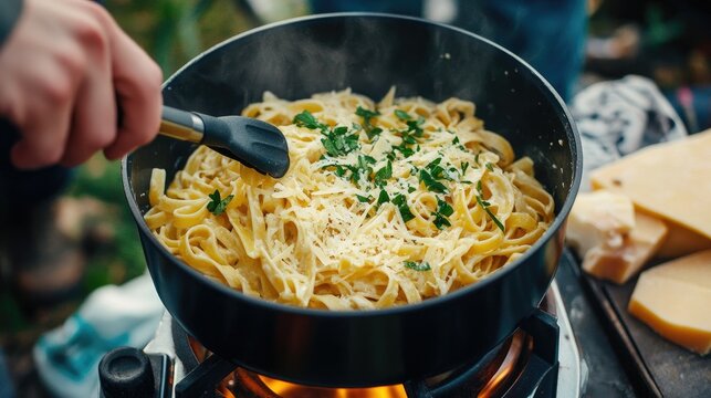 A pot of pasta being stirred on a camping stove, with fresh herbs and grated cheese ready for topping