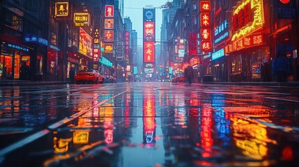 Naklejka premium Rain-slicked city street at night, vibrant neon signs reflecting in puddles.