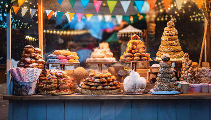 Delicious traditional Carnival food stand with a variety of sweet treats and festive decorations