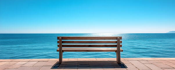 Seascape, Wooden Bench Overlooking Serene Ocean Under a Bright Summer Sky