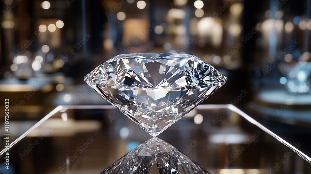 Poster a large, sparkling diamond displayed in a luxurious setting.
