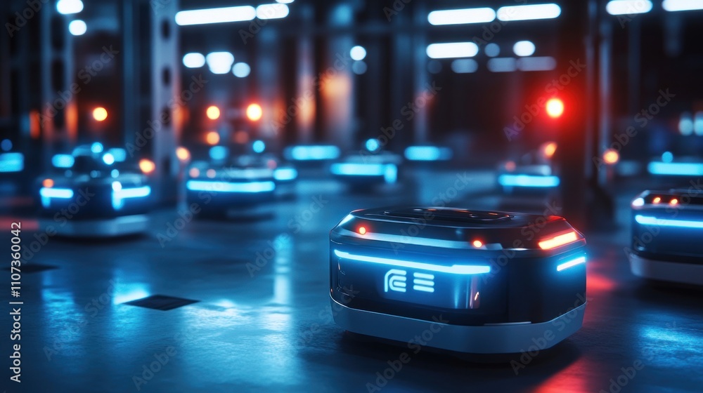 Poster autonomous robots in a futuristic warehouse.