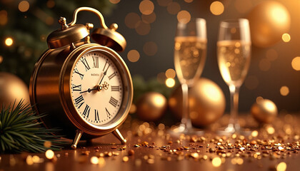 Golden alarm clock with champagne glasses for New Year’s Eve