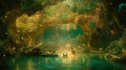 Enchanted forest, luminous cave, tranquil lake, ethereal scene.