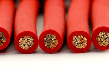 Copper electrical installation wires in colored insulation. Close-up. Soft focus.