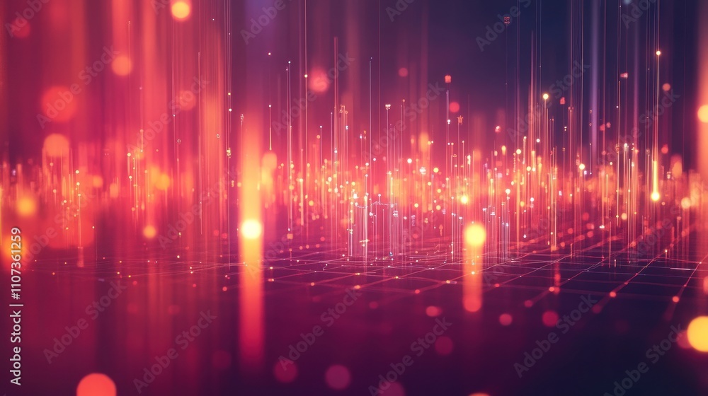 Poster abstract digital background with glowing red and orange lines and particles.